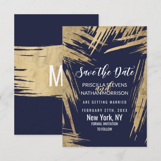 Moderne Gold Pinselstriche Navy Blue Chic Save The Date (Vorne/Hinten)