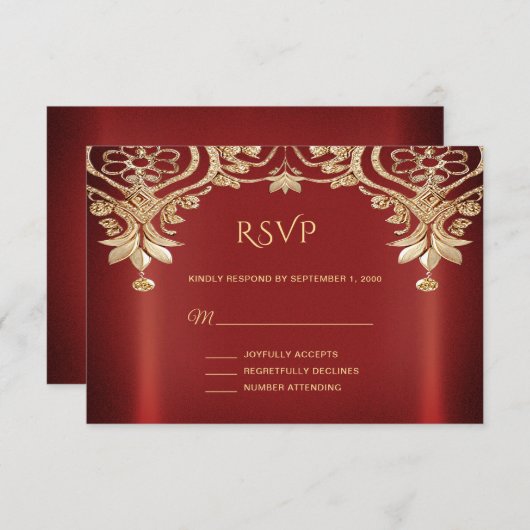 Moderne Gold Red Floral RSVP Karte (Vorne/Hinten)
