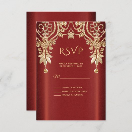 Moderne Gold Red Floral RSVP Karte (Vorne/Hinten)