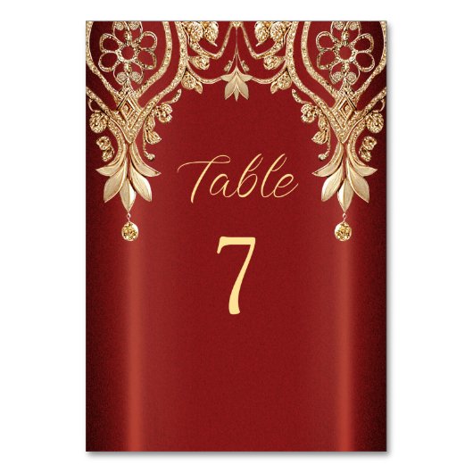 Moderne Gold Red Floral Tischnummer (Vorderseite)