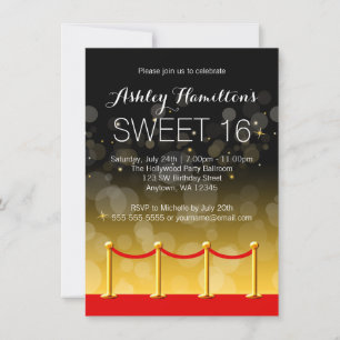 Moderne Gold-Roter-Teppich Hollywood Sweet 16 Einladung
