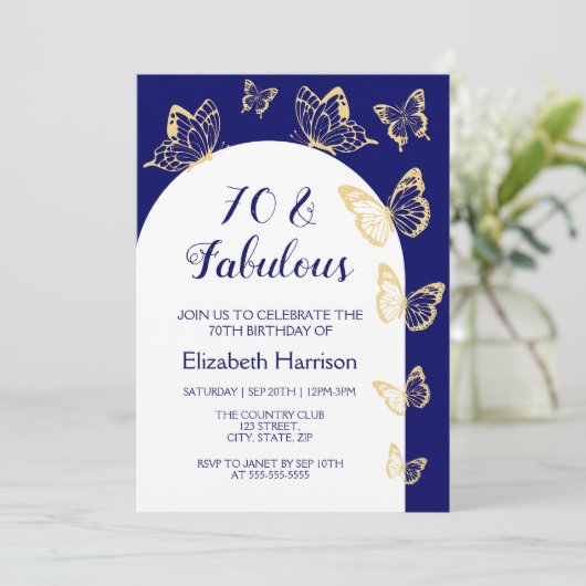 Moderne Gold-Schmetterlinge der Marine zum Geburts Einladung (Stehend Vorderseite)