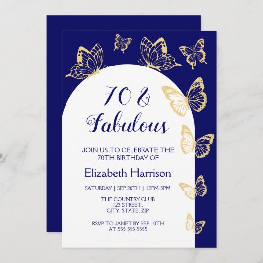 Moderne Gold-Schmetterlinge der Marine zum Geburts Einladung (Vorne/Hinten)