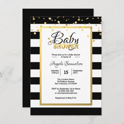 Moderne Gold Schwarz-weiß Stripes Babydusche Einladung (Vorne/Hinten)