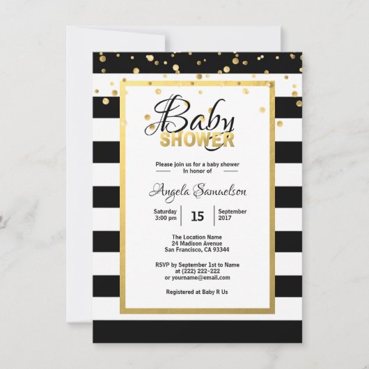 Moderne Gold Schwarz-weiß Stripes Babydusche Einladung (Vorderseite)