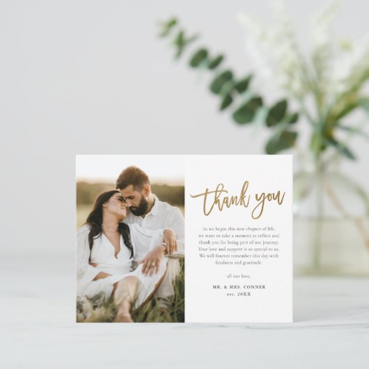 Moderne Gold Script 2 Foto Hochzeit Dankeskarte (Stehend Vorderseite)
