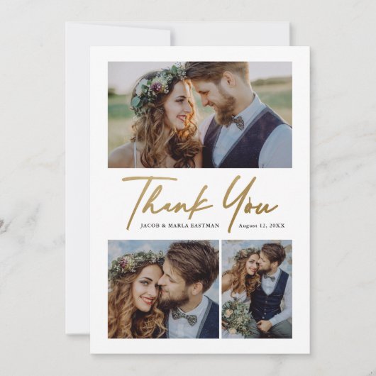 Moderne Gold Script 3 Foto Hochzeit Dankeskarte (Vorderseite)