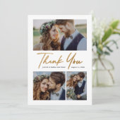 Moderne Gold Script 3 Foto Hochzeit Dankeskarte (Stehend Vorderseite)