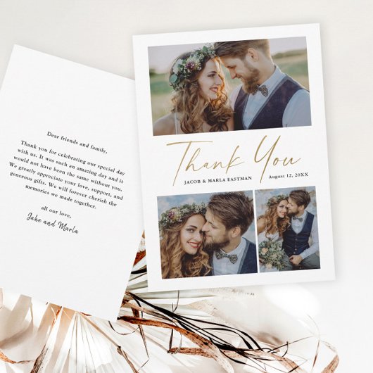 Moderne Gold Script 3 Foto Hochzeit Dankeskarte