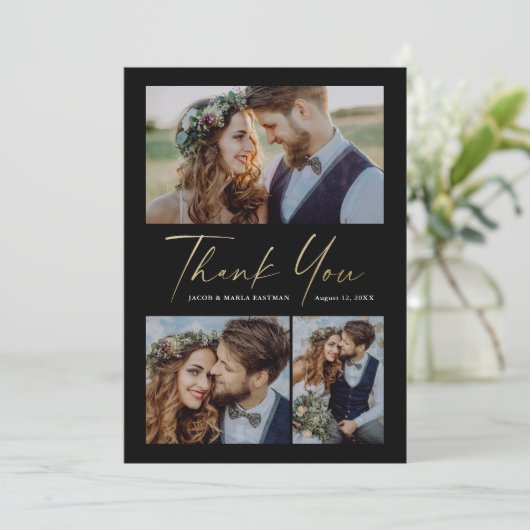 Moderne Gold Script 3 Foto Hochzeit Dankeskarte (Stehend Vorderseite)