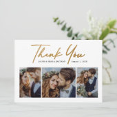 Moderne Gold Script 3 Foto Hochzeit Dankeskarte (Stehend Vorderseite)
