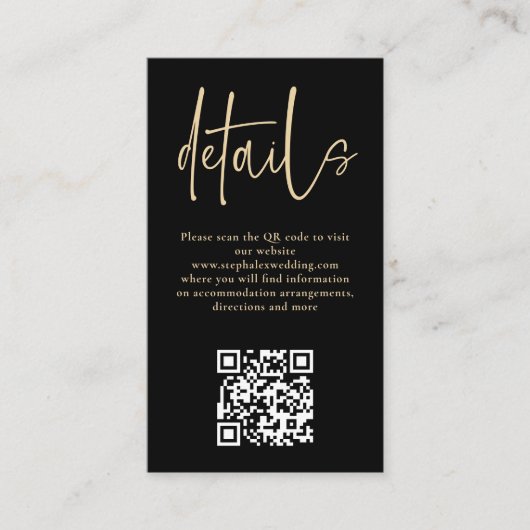 Moderne Gold Script Black QR Code Hochzeitsdetails Begleitkarte (Vorderseite)