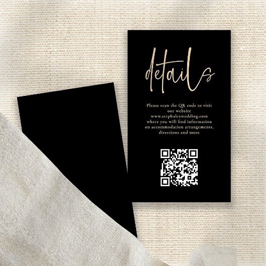 Moderne Gold Script Black QR Code Hochzeitsdetails Begleitkarte