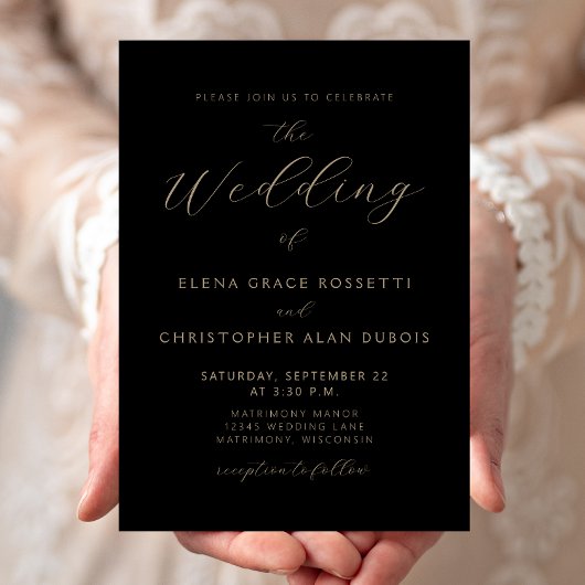 Moderne Gold Script Black Wedding Einladung