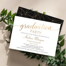 Moderne Gold Script Black & White Graduation Party