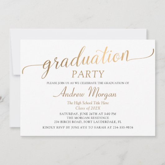 Moderne Gold Script Black & White Graduation Party Einladung (Vorderseite)