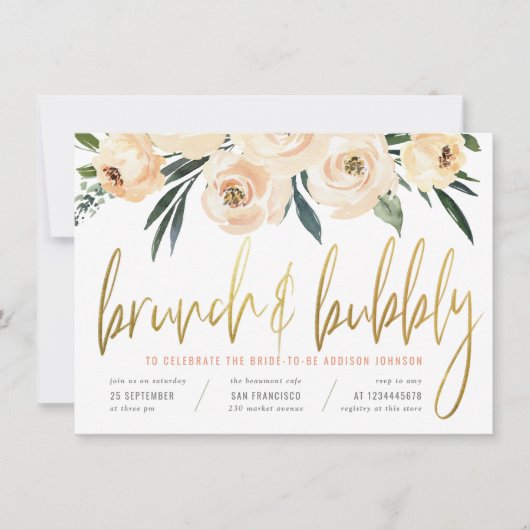 Moderne Gold Script Brunch & Bubbly Blush Blume Einladung (Vorderseite)
