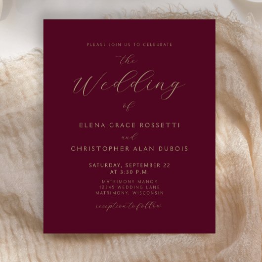 Moderne Gold Script Burgundy Wedding