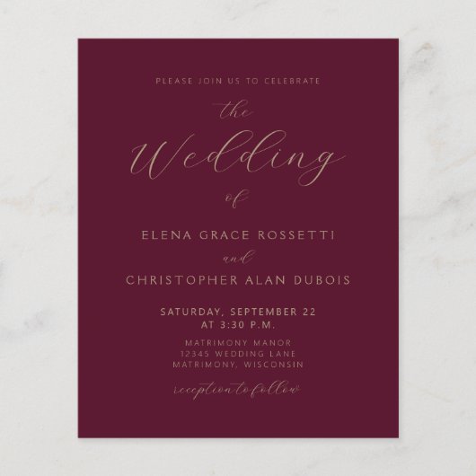 Moderne Gold Script Burgundy Wedding (Vorderseite)