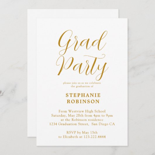 Moderne Gold Script Calligraphy Graduation Party Einladung (Vorne/Hinten)