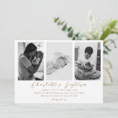 Moderne Gold Script Family Baby Foto Taufe Einladung (Stehend Vorderseite)