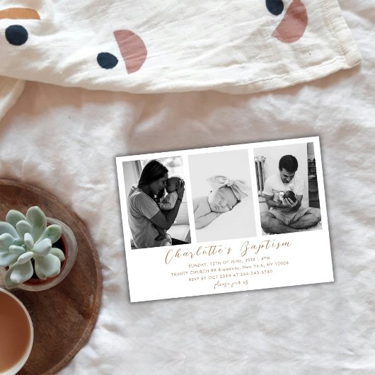 Moderne Gold Script Family Baby Foto Taufe Einladung