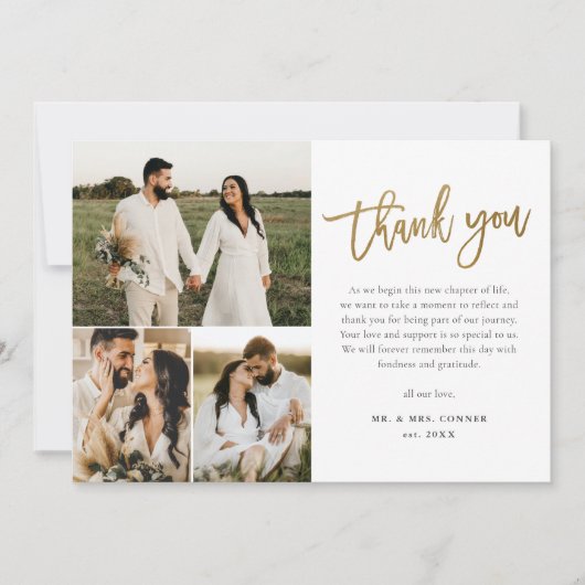 Moderne Gold Script Foto Collage Wedding Dankeskarte (Vorderseite)