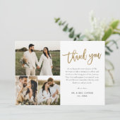 Moderne Gold Script Foto Collage Wedding Dankeskarte (Stehend Vorderseite)