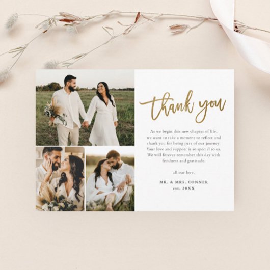 Moderne Gold Script Foto Collage Wedding Dankeskarte