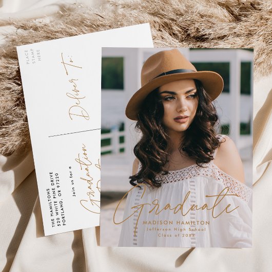 Moderne Gold Script Foto Graduation Party Einladungspostkarte
