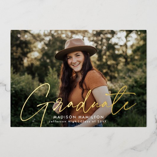 Moderne Gold Script Foto Graduation Party Folieneinladung (Vorderseite)