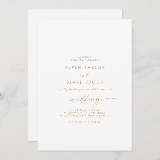 Moderne Gold Script Front and Back Wedding Einladung (Vorne/Hinten)