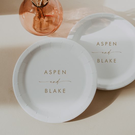 Moderne Gold Script Hochzeitskuchen-Papierplatte Pappteller