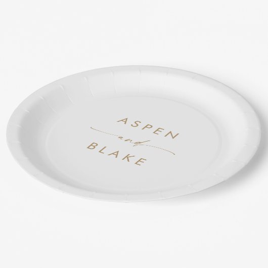 Moderne Gold Script Hochzeitskuchen-Papierplatte Pappteller (Schrägansicht)