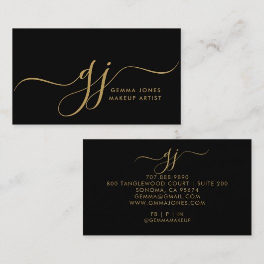 Moderne Gold-Script-Initialen machen Künstler schw Visitenkarte (Vorne/Hinten)