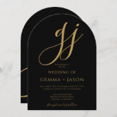 Moderne Gold Script Initials Monogram Black Weddin Einladung (Vorne/Hinten)