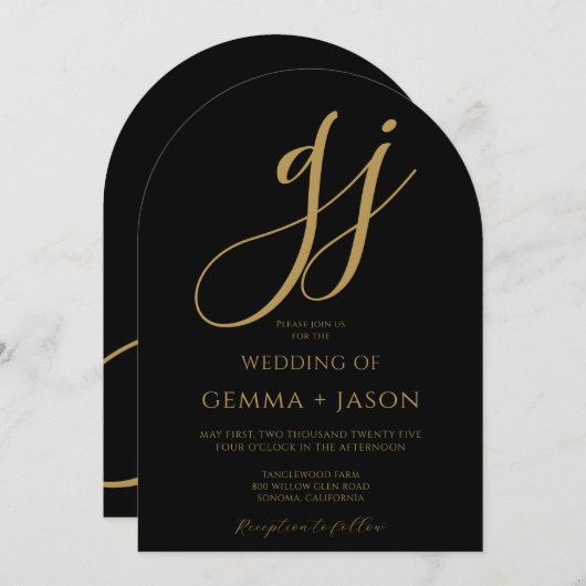 Moderne Gold Script Initials Monogram Black Weddin Einladung (Vorne/Hinten)
