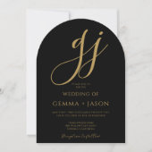 Moderne Gold Script Initials Monogram Black Weddin Einladung (Vorderseite)
