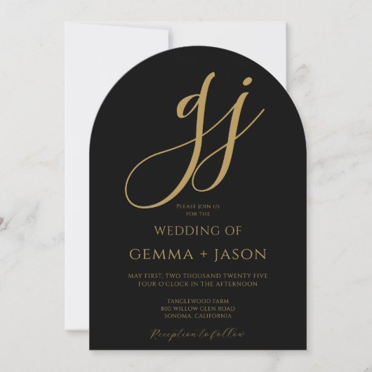 Moderne Gold Script Initials Monogram Black Weddin Einladung (Vorderseite)