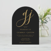 Moderne Gold Script Initials Monogram Black Weddin Einladung (Stehend Vorderseite)