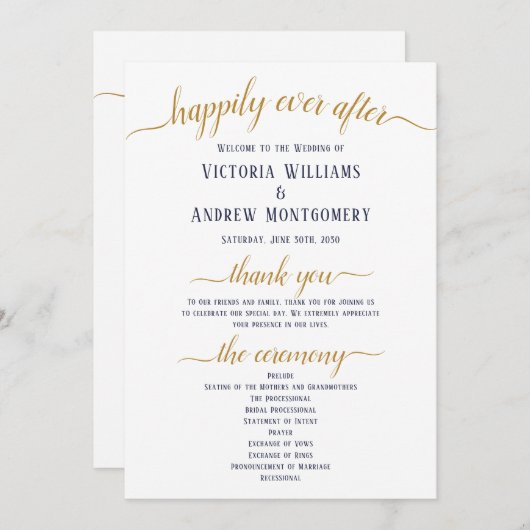 Moderne Gold Script-Minimal-Hochzeitsfeier Programm (Vorne/Hinten)