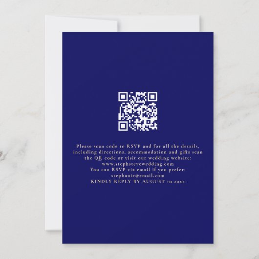 Moderne Gold Script Navy Blue QR Code Hochzeit Einladung (Rückseite)
