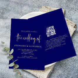 Moderne Gold Script Navy Blue QR Code Hochzeit Einladung