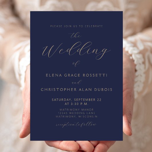 Moderne Gold Script Navy Blue Wedding Einladung