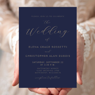 Moderne Gold Script Navy Blue Wedding Einladung
