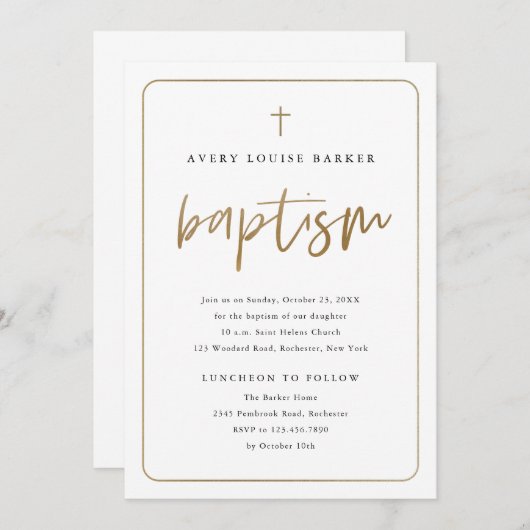 Moderne Gold Script religiöse Taufe Einladung (Vorne/Hinten)