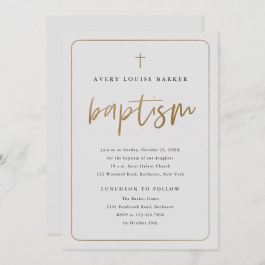 Moderne Gold Script religiöse Taufe Einladung (Vorne/Hinten)