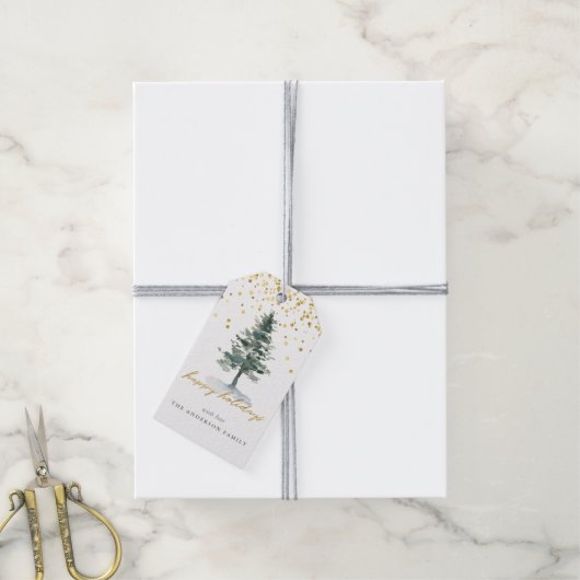 Moderne Gold Script Weihnachtsbaum Happy Holidays Geschenkanhänger (Mit Garn)