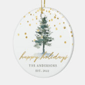 Moderne Gold Script Weihnachtsbaum Happy Holidays Keramik Ornament (Links)