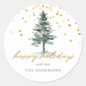 Moderne Gold Script Weihnachtsbaum Happy Holidays Runder Aufkleber (Vorderseite)